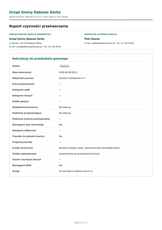 Raport pojedynczej czynności przetwarzania w PDF.