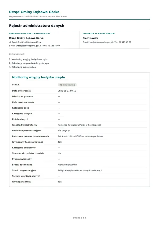 Pierwsza strona rejestru czynności przetwarzania w PDF.