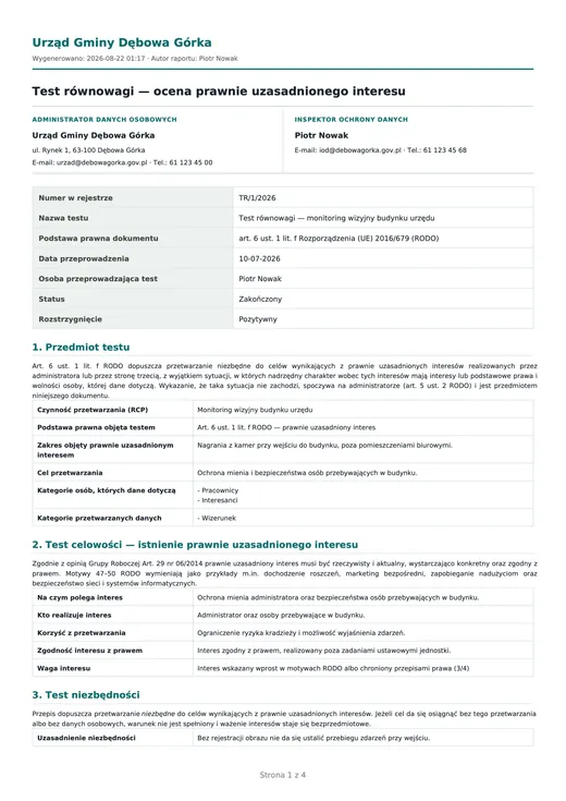 Pierwsza strona testu równowagi.