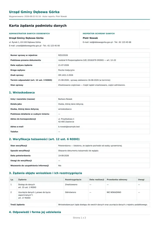 Pierwsza strona karty żądania podmiotu danych.