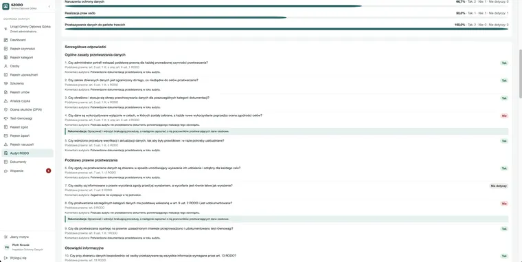 Szczegółowe odpowiedzi audytu z podstawą prawną i rekomendacjami.