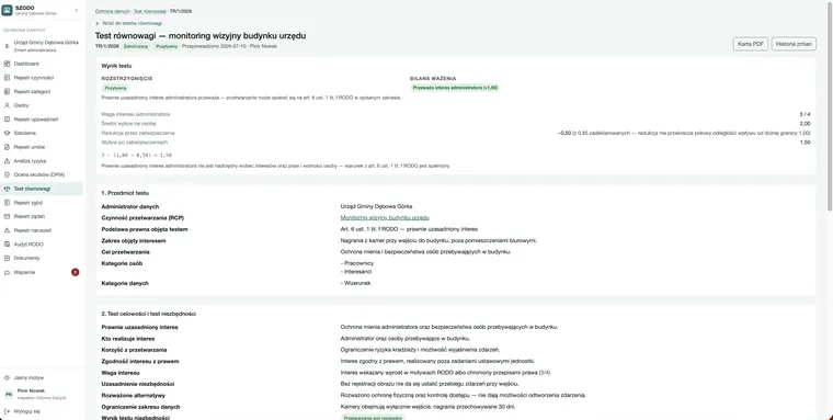 Karta testu równowagi — bilans ważenia interesów i rozstrzygnięcie.