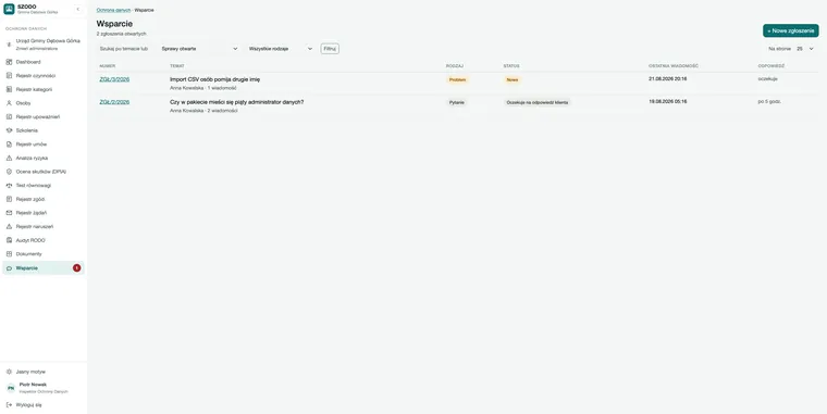 Moduł Wsparcie — lista zgłoszeń z tematem, rodzajem i statusem.