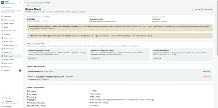 Karta żądania z ostrzeżeniami o braku pouczenia o skardze i braku przesłanki odmowy.