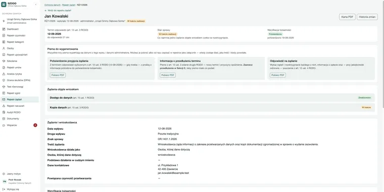 Karta żądania podmiotu danych — termin odpowiedzi, stan sprawy i trzy pisma do pobrania w PDF.